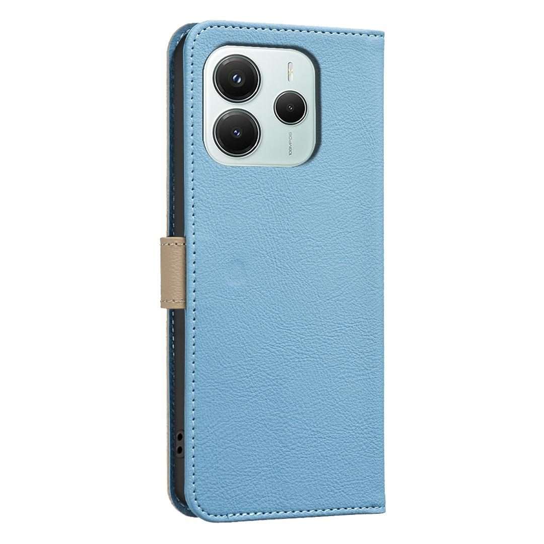 For Redmi Note 14 5G Splicing Color Hollow Flower Pattern RFID Leather Phone Case(Baby Blue)