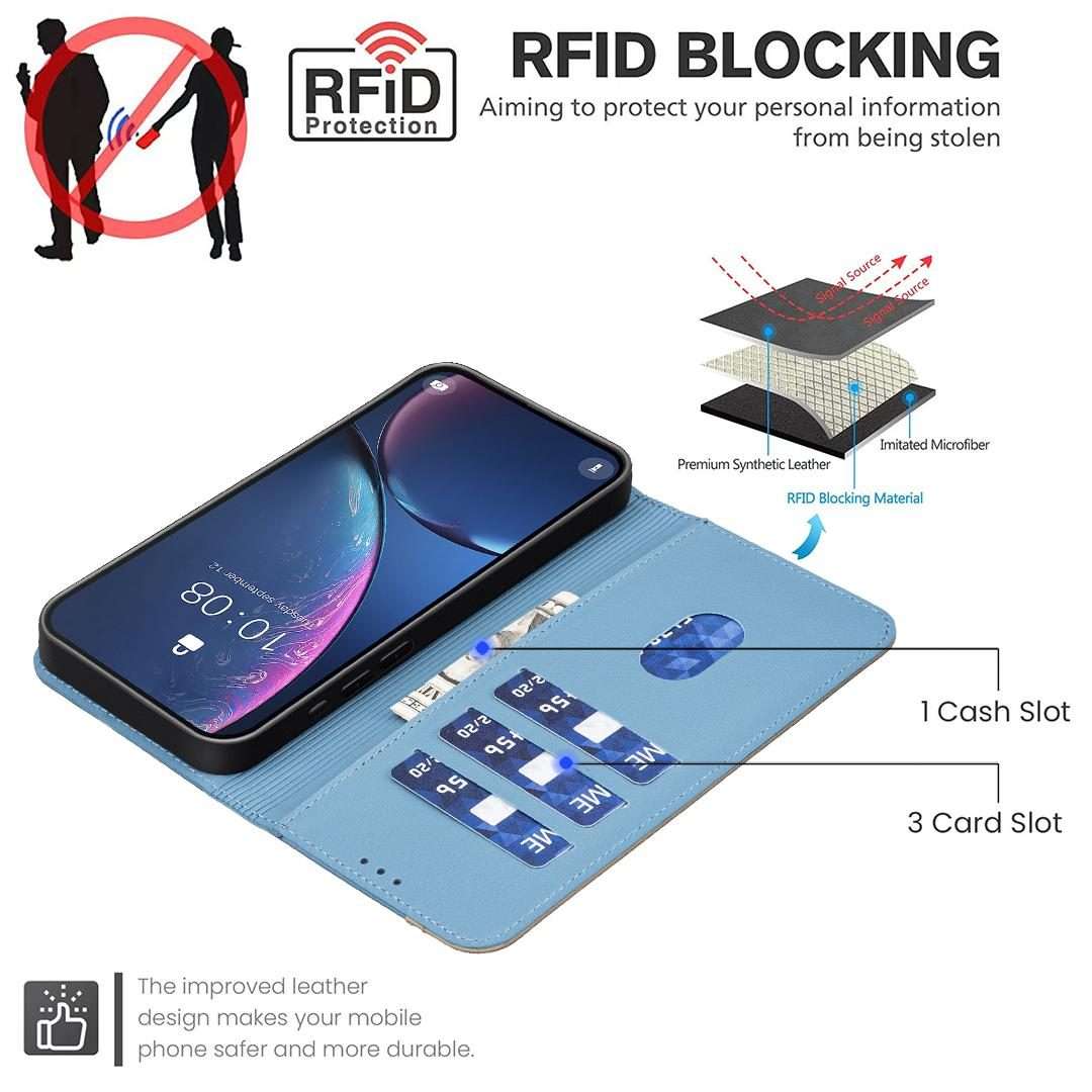 For Redmi Note 14 5G Splicing Color Hollow Flower Pattern RFID Leather Phone Case(Baby Blue)