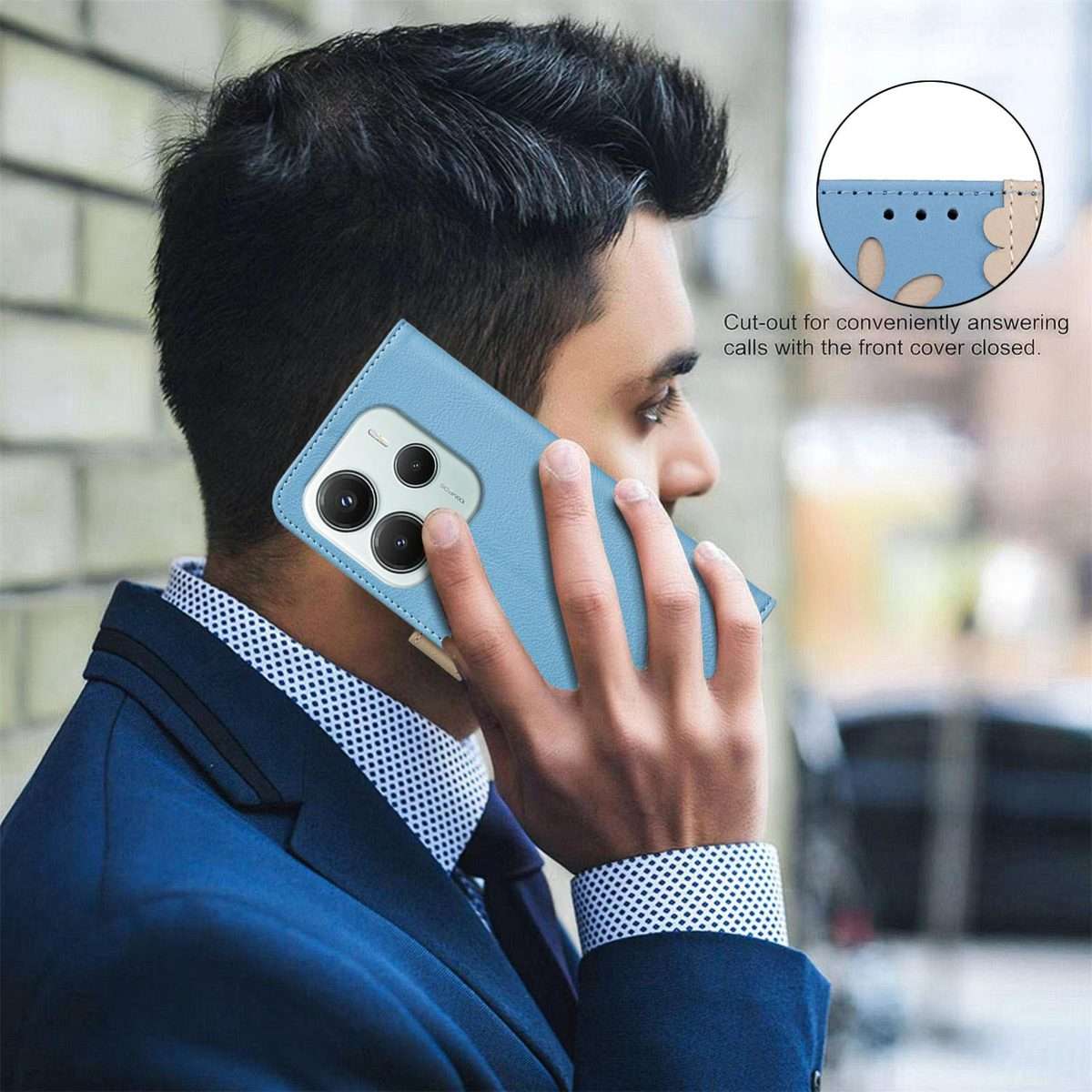 For Redmi Note 14 5G Splicing Color Hollow Flower Pattern RFID Leather Phone Case(Baby Blue)