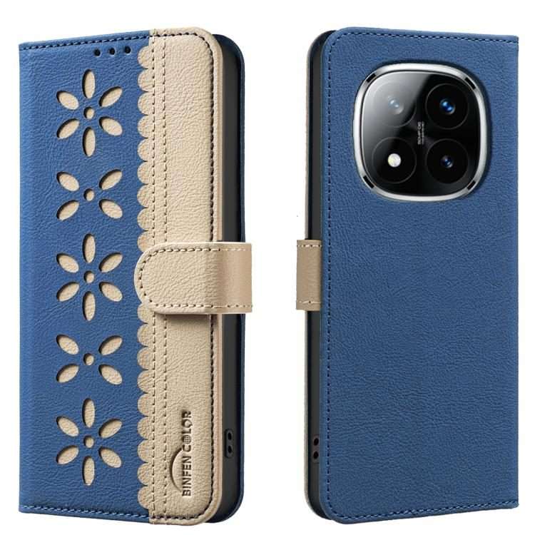 For Redmi Note 14 Pro 5G / 14 Pro+ 5G Splicing Color Hollow Flower Pattern RFID Le ... (Dark Blue)