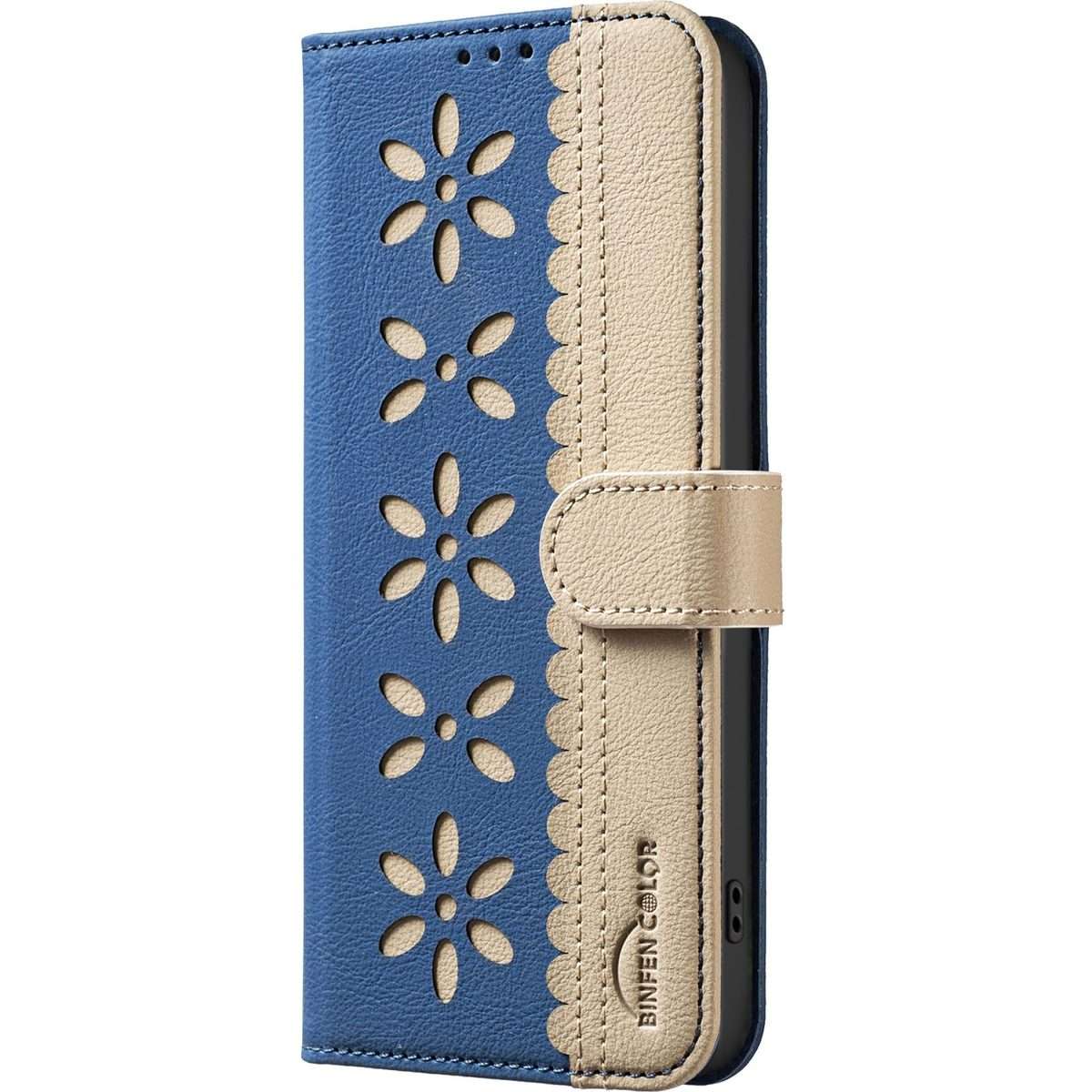 For Redmi Note 14 Pro 5G / 14 Pro+ 5G Splicing Color Hollow Flower Pattern RFID Le ... (Dark Blue)