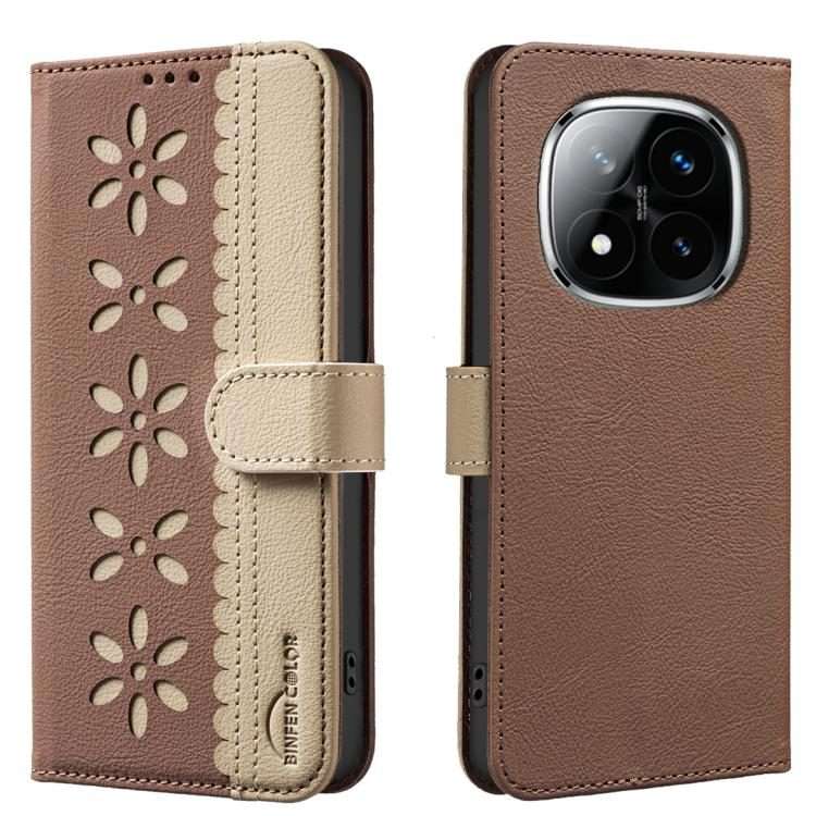 For Redmi Note 14 Pro 5G / 14 Pro+ 5G Splicing Color Hollow Flower Pattern RFID Leathe ... (Brown)