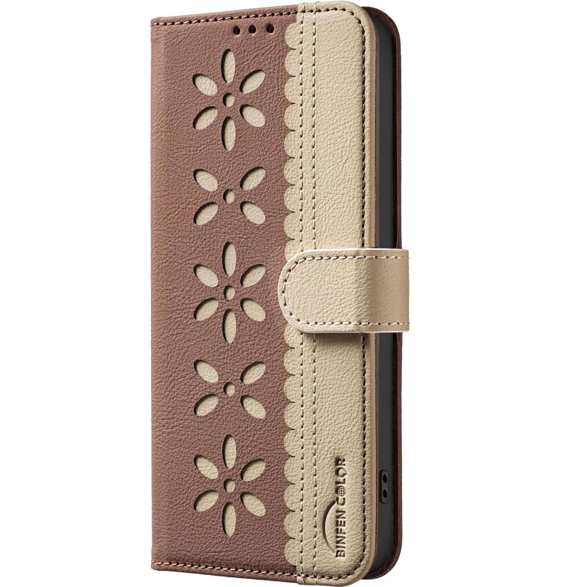 For Redmi Note 14 Pro 5G / 14 Pro+ 5G Splicing Color Hollow Flower Pattern RFID Leathe ... (Brown)