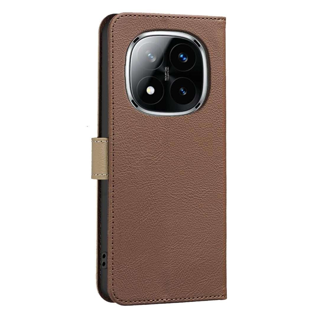 For Redmi Note 14 Pro 5G / 14 Pro+ 5G Splicing Color Hollow Flower Pattern RFID Leathe ... (Brown)