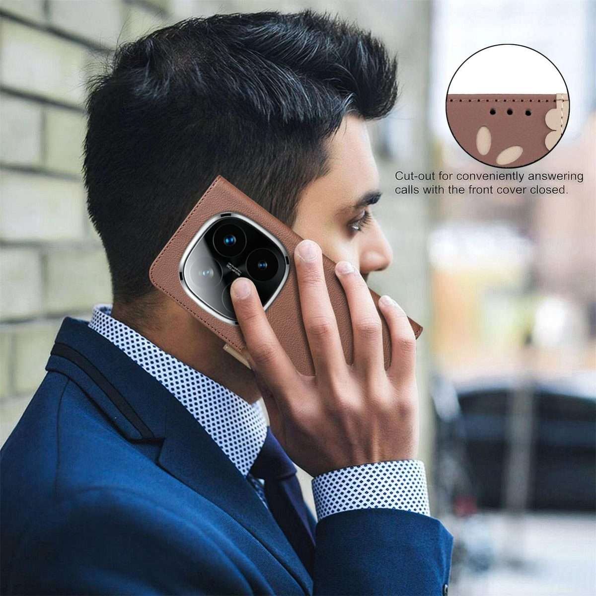 For Redmi Note 14 Pro 5G / 14 Pro+ 5G Splicing Color Hollow Flower Pattern RFID Leathe ... (Brown)