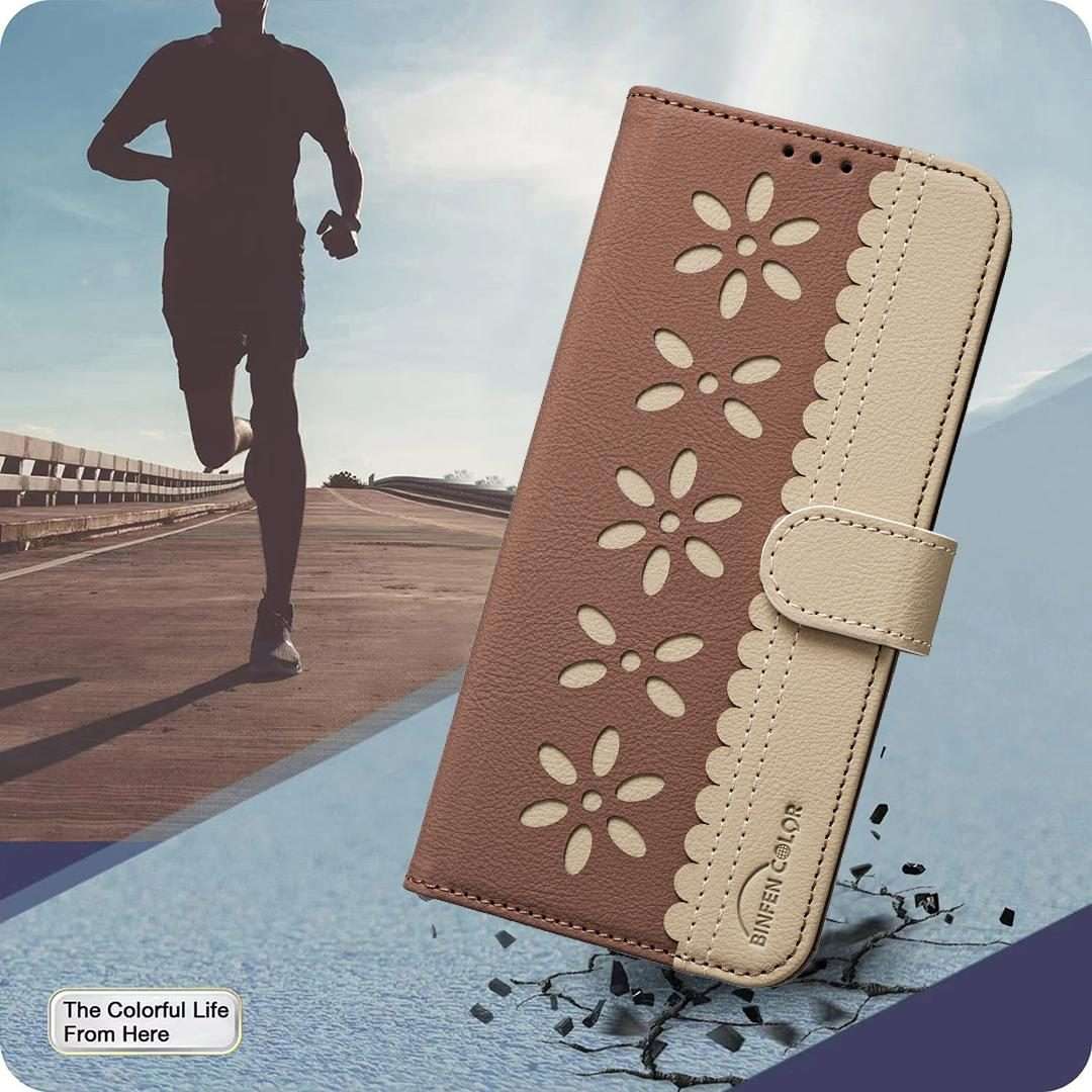 For Redmi Note 14 Pro 5G / 14 Pro+ 5G Splicing Color Hollow Flower Pattern RFID Leathe ... (Brown)