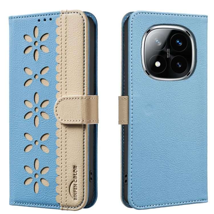 For Redmi Note 14 Pro 5G / 14 Pro+ 5G Splicing Color Hollow Flower Pattern RFID Le ... (Baby Blue)
