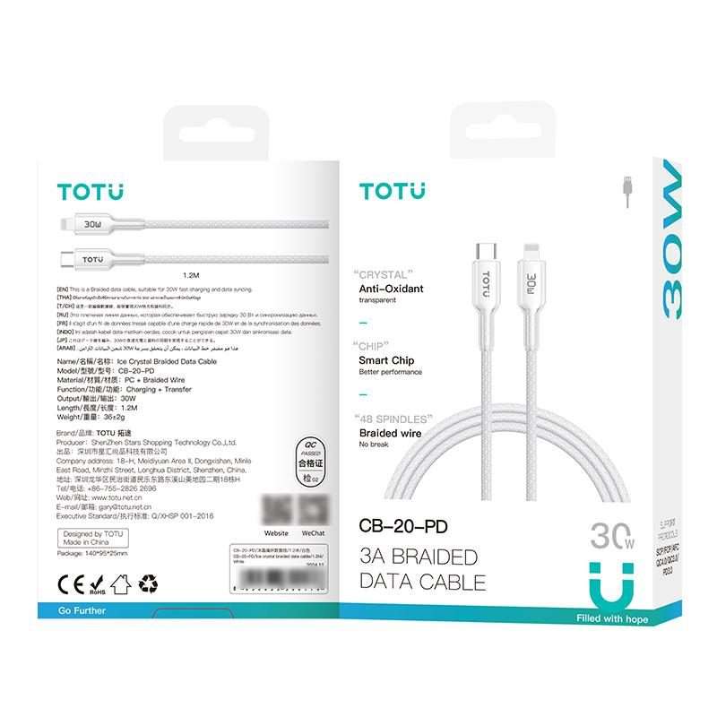 TOTU CB-20-PD 30W USB-C / Type-C to 8 Pin Crystals Braided Data Cable, Length:1.2m(White)
