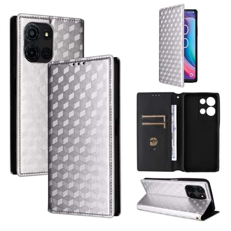 For TCL K32 5G / K33 5G Cubic Grid Texture Flip Leather Phone Case(Silver)