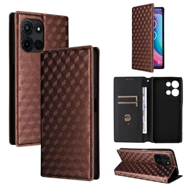 For TCL K32 5G / K33 5G Cubic Grid Texture Flip Leather Phone Case(Brown)