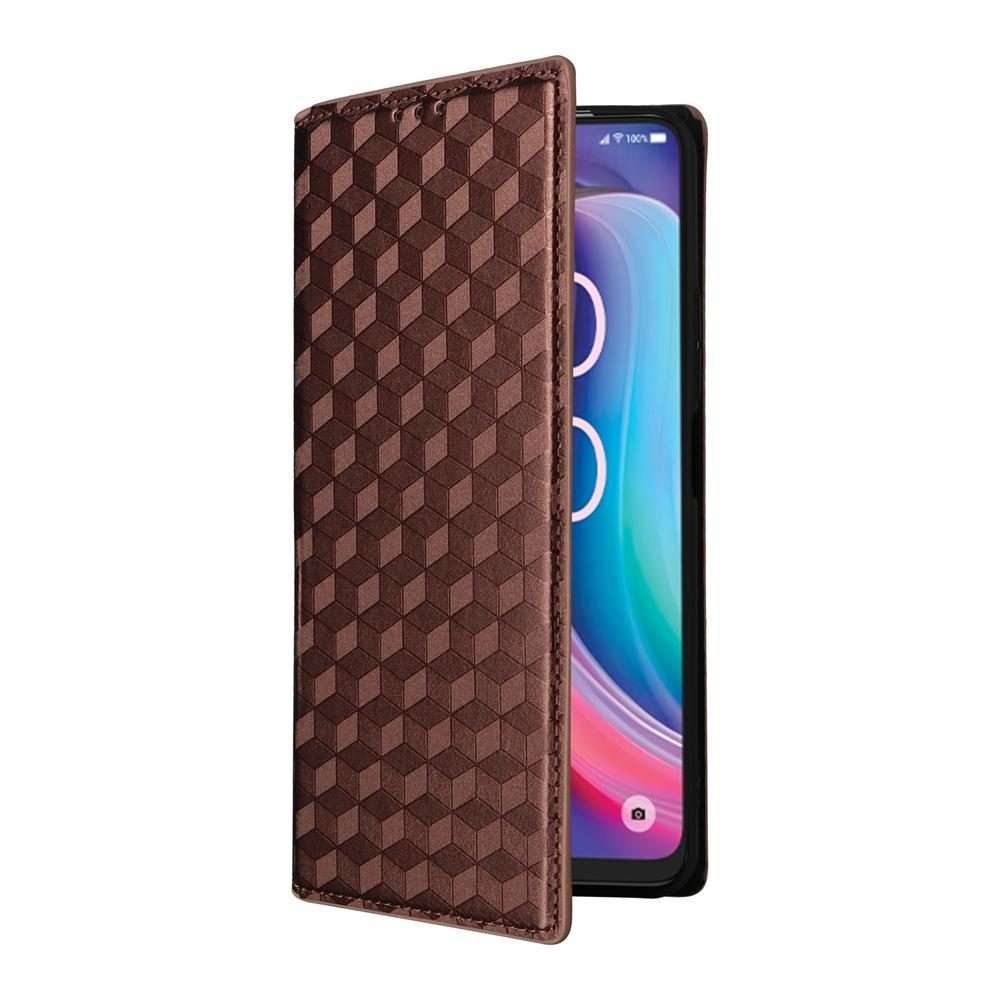 For TCL K32 5G / K33 5G Cubic Grid Texture Flip Leather Phone Case(Brown)