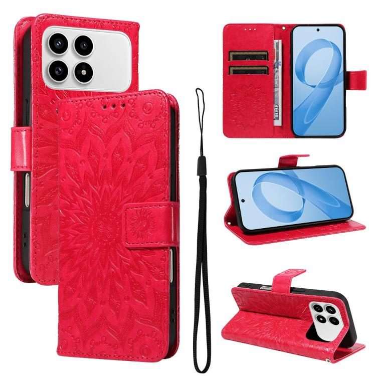 For Redmi K90 / Poco F8 Pro Embossed Sunflower Pattern Flip Leather Phone Case(Red)