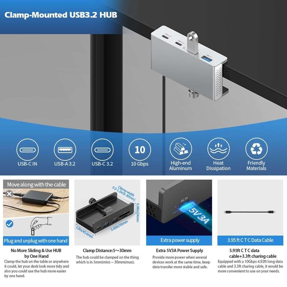 HCL-3A1C-Pro Aluminum Alloy 3xUSB and Type-C Clamp Hub(Black)