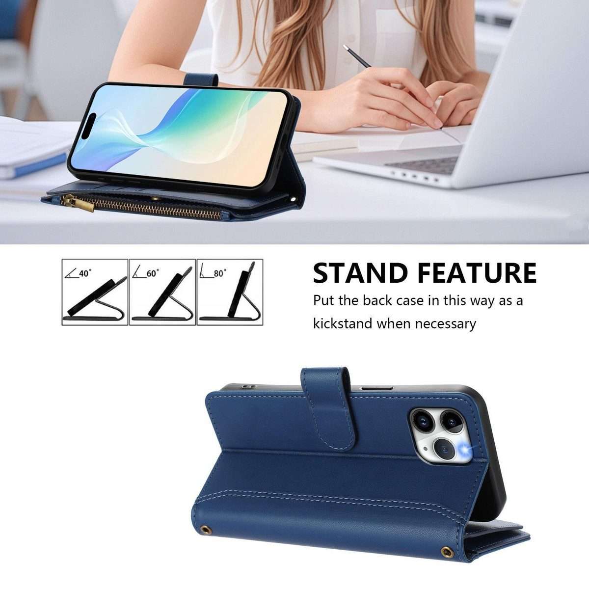 For iPhone 17 Pro Magnetic Closure 9 Card Slots Zipper Leather Case with Hand Strap(Dark Blue)