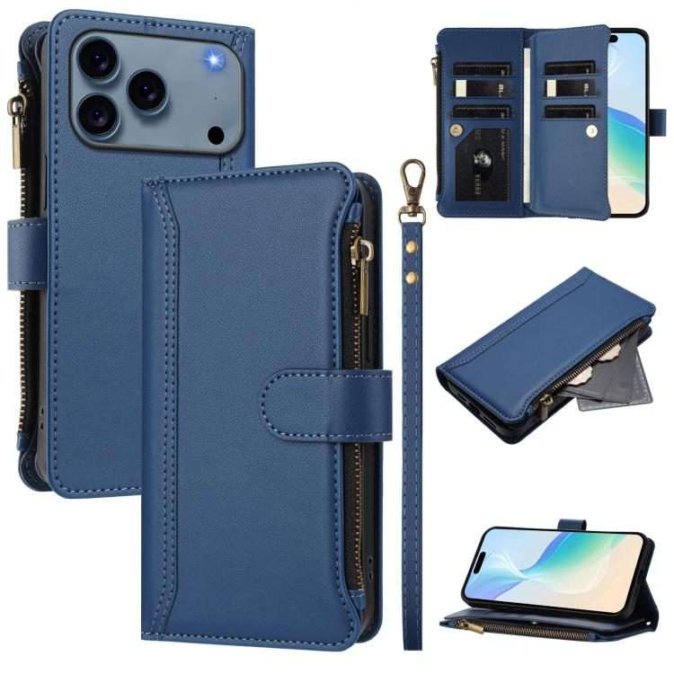 For iPhone 17 Pro Max Magnetic Closure 9 Card Slots Zipper Leather Case with Hand Strap(Dark Blue)