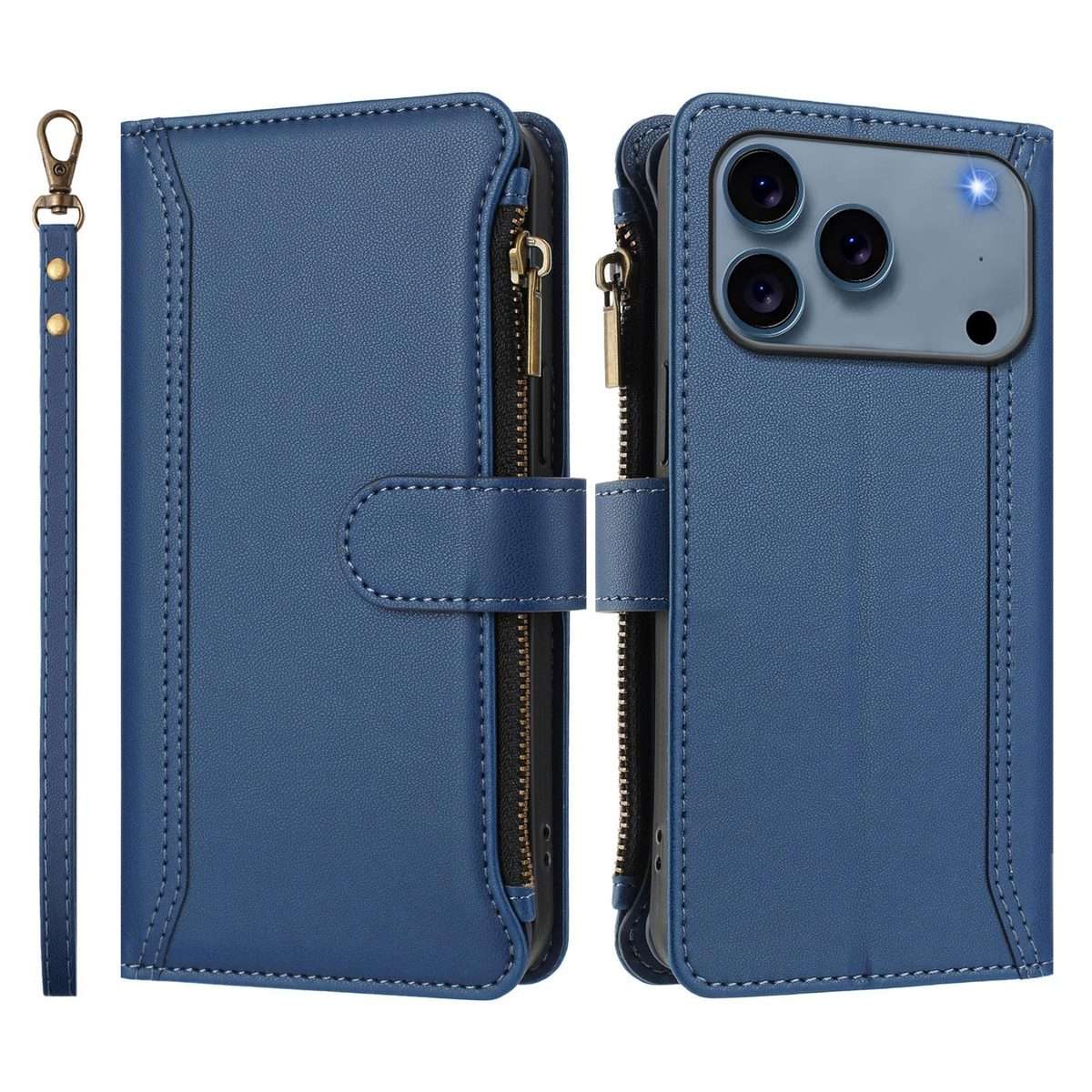 For iPhone 17 Pro Max Magnetic Closure 9 Card Slots Zipper Leather Case with Hand Strap(Dark Blue)