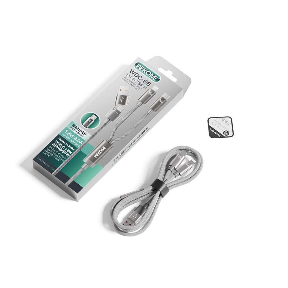WK WDC-66 2 to 2 3A USB+Type-C to 8 Pin+Type-C Fast Charging Data Cable, Length: 1.2m(Grey)