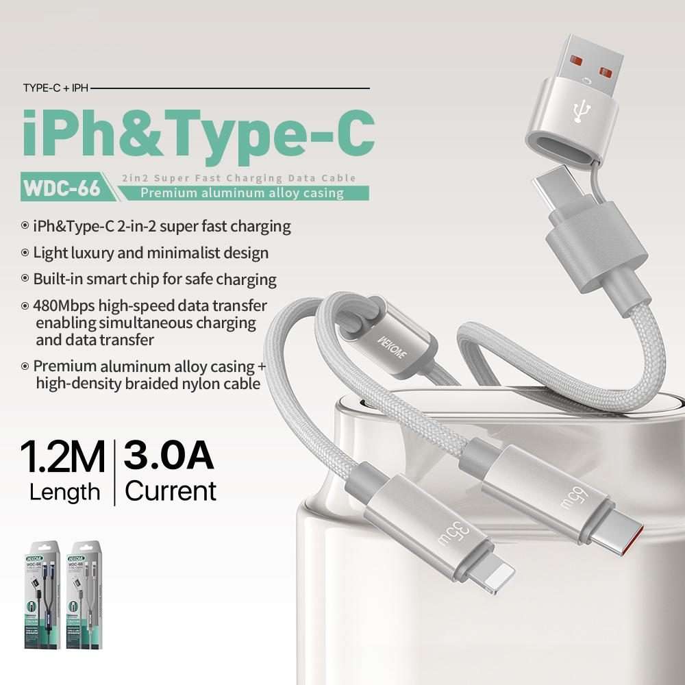 WK WDC-66 2 to 2 3A USB+Type-C to 8 Pin+Type-C Fast Charging Data Cable, Length: 1.2m(Grey)