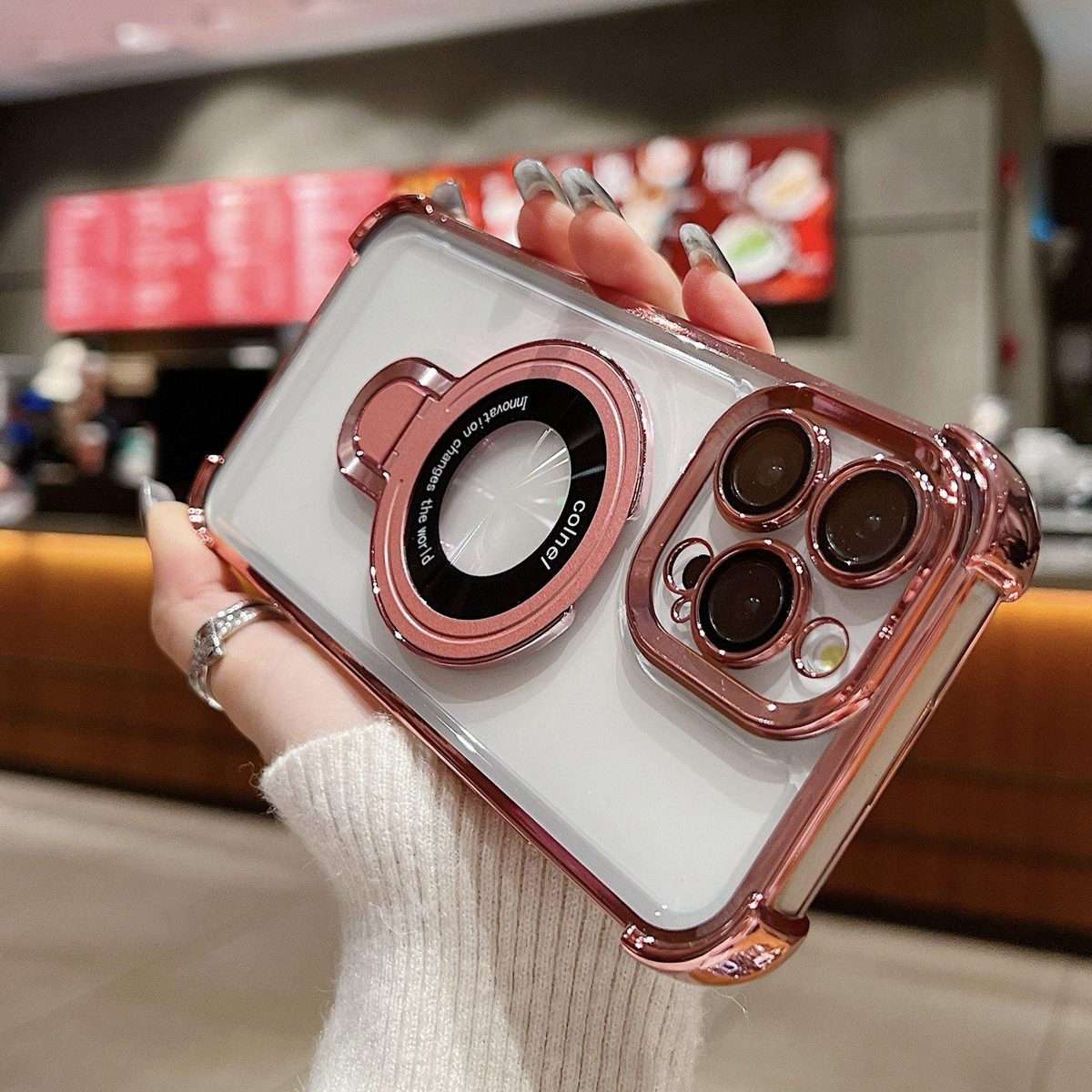 For iPhone 11 Pro Space Shield MagSafe Holder Shockproof Phone Case(Rose Gold)