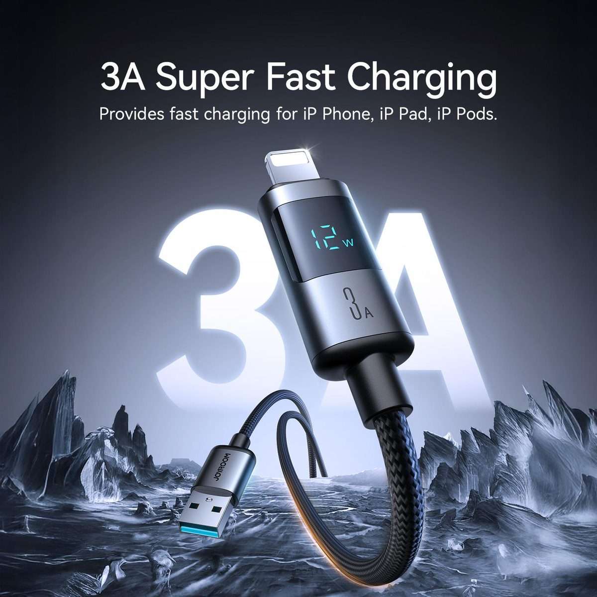 JOYROOM S-A16 Pro Prism Series 3A Digital Display USB to 8 Pin Fast Charging Data Cabl ... (Black)