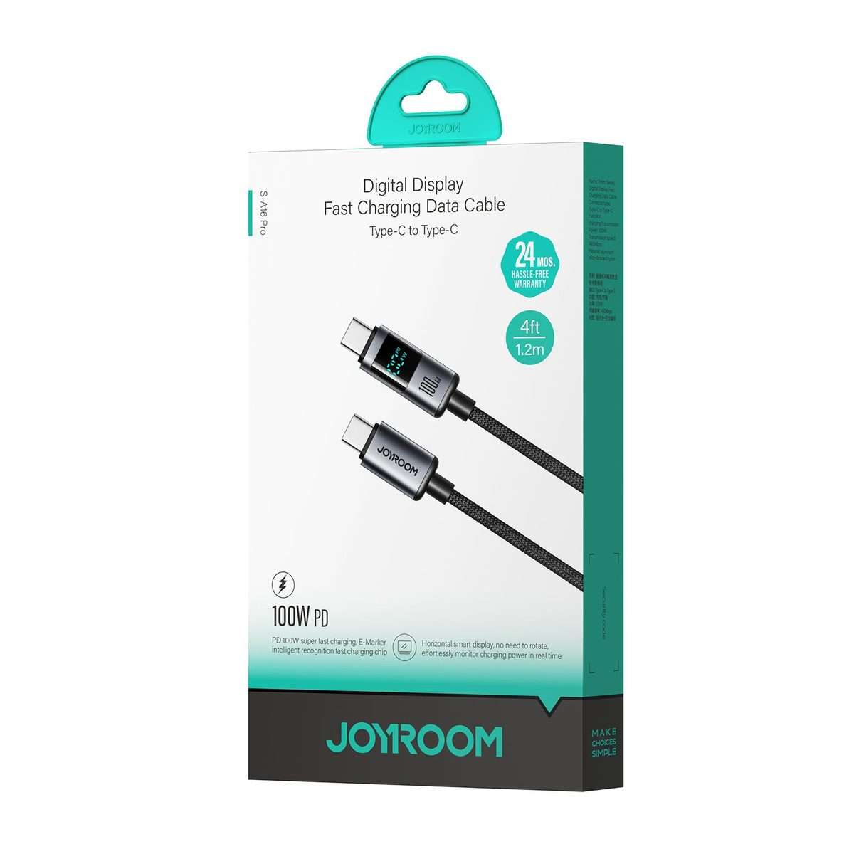JOYROOM S-A16 Pro Prism Series 100W Digital Display Type-C Fast Charging Data Cable, L ... (Black)