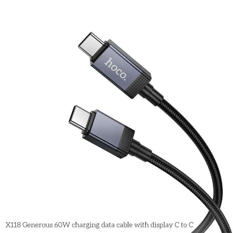 hoco X118 Generous 1m 60W Fast Charging Data Cable with Display, Interface:Type-C to Type-C(Black)
