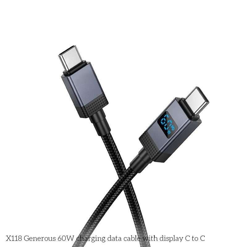 hoco X118 Generous 1m 60W Fast Charging Data Cable with Display, Interface:Type-C to Type-C(Black)