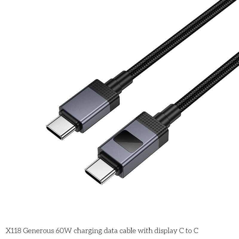 hoco X118 Generous 1m 60W Fast Charging Data Cable with Display, Interface:Type-C to Type-C(Black)