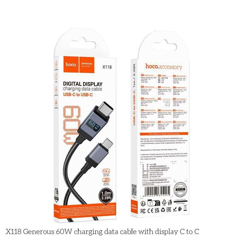 hoco X118 Generous 1m 60W Fast Charging Data Cable with Display, Interface:Type-C to Type-C(Black)