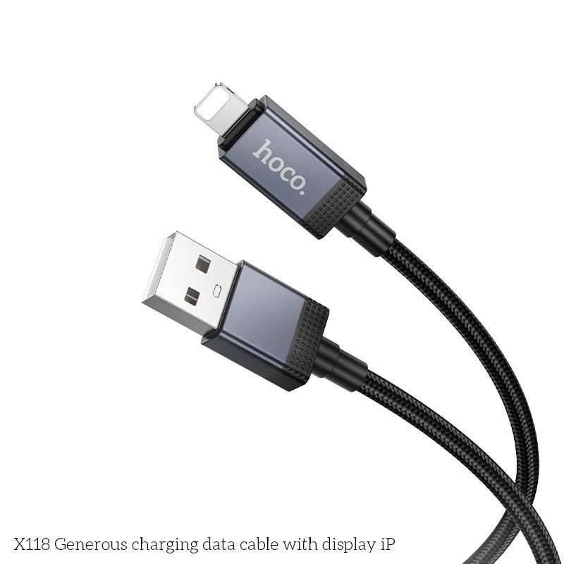 hoco X118 Generous 1m 60W Fast Charging Data Cable with Display, Interface:USB to 8 Pin(Black)