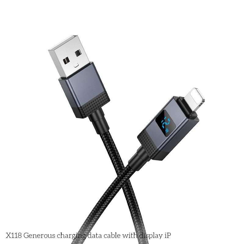hoco X118 Generous 1m 60W Fast Charging Data Cable with Display, Interface:USB to 8 Pin(Black)