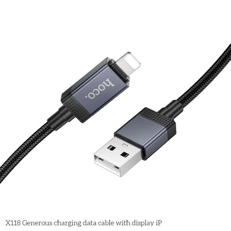 hoco X118 Generous 1m 60W Fast Charging Data Cable with Display, Interface:USB to 8 Pin(Black)