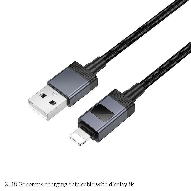 hoco X118 Generous 1m 60W Fast Charging Data Cable with Display, Interface:USB to 8 Pin(Black)