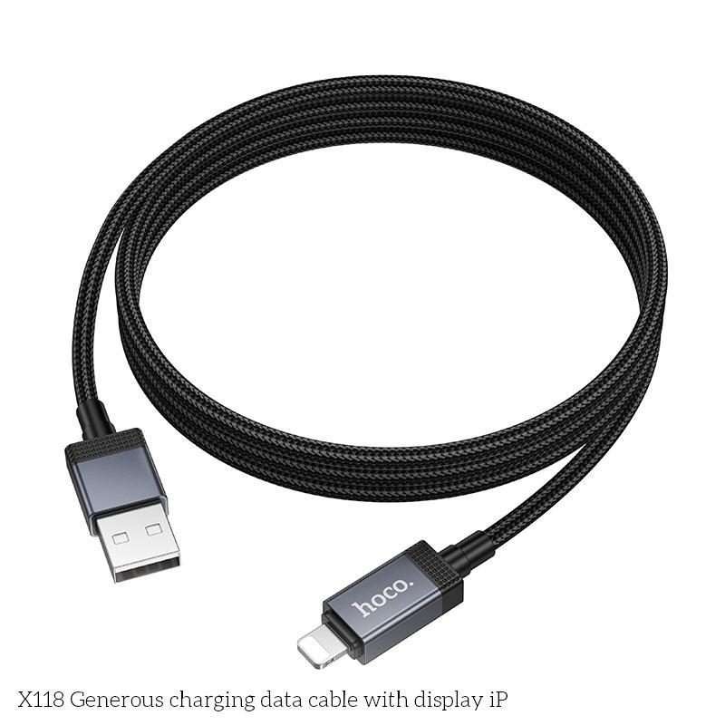 hoco X118 Generous 1m 60W Fast Charging Data Cable with Display, Interface:USB to 8 Pin(Black)
