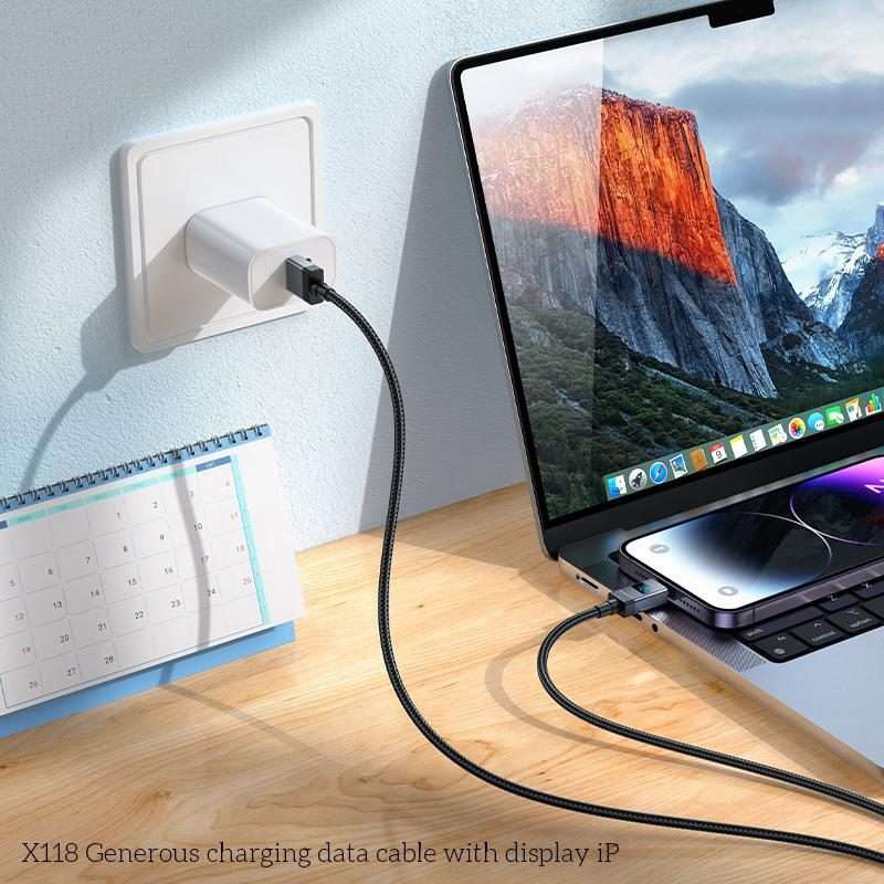 hoco X118 Generous 1m 60W Fast Charging Data Cable with Display, Interface:USB to 8 Pin(Black)
