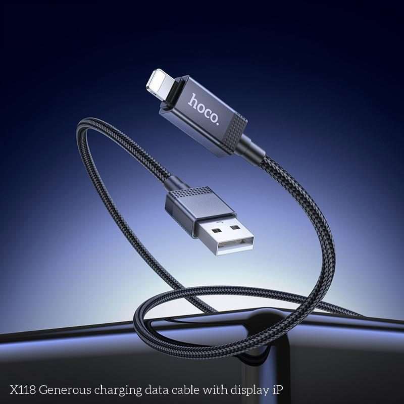 hoco X118 Generous 1m 60W Fast Charging Data Cable with Display, Interface:USB to 8 Pin(Black)