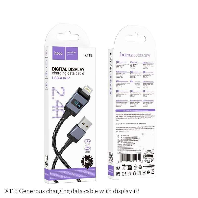 hoco X118 Generous 1m 60W Fast Charging Data Cable with Display, Interface:USB to 8 Pin(Black)