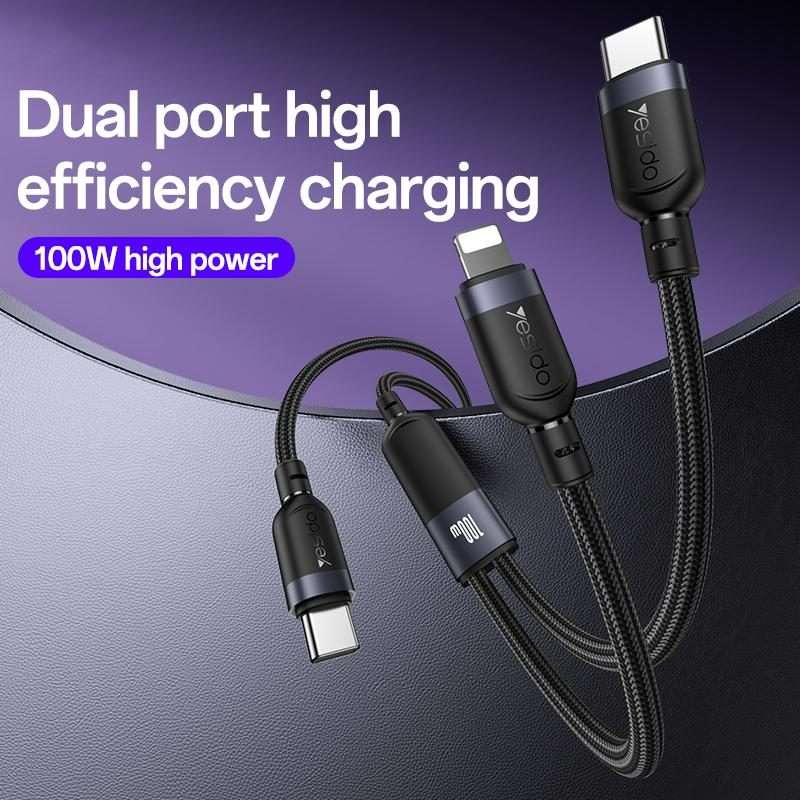 Yesido CA90 100W USB-C / Type-C to 8 Pin, Type-C 2 in 1 Charging Cable, Length:1.2m(Black)