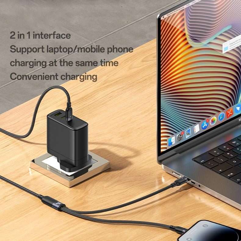Yesido CA90 100W USB-C / Type-C to 8 Pin, Type-C 2 in 1 Charging Cable, Length:1.2m(Black)