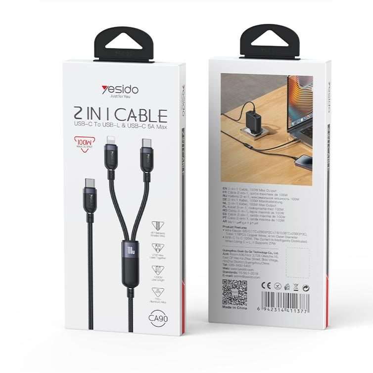 Yesido CA90 100W USB-C / Type-C to 8 Pin, Type-C 2 in 1 Charging Cable, Length:1.2m(Black)