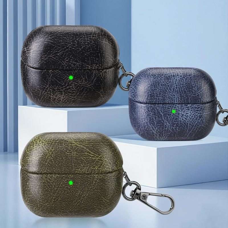For Samsung Galaxy Buds 3 / 3 Pro Retro Crazy Horse Texture PU Earphones Case with Hook(Blue)