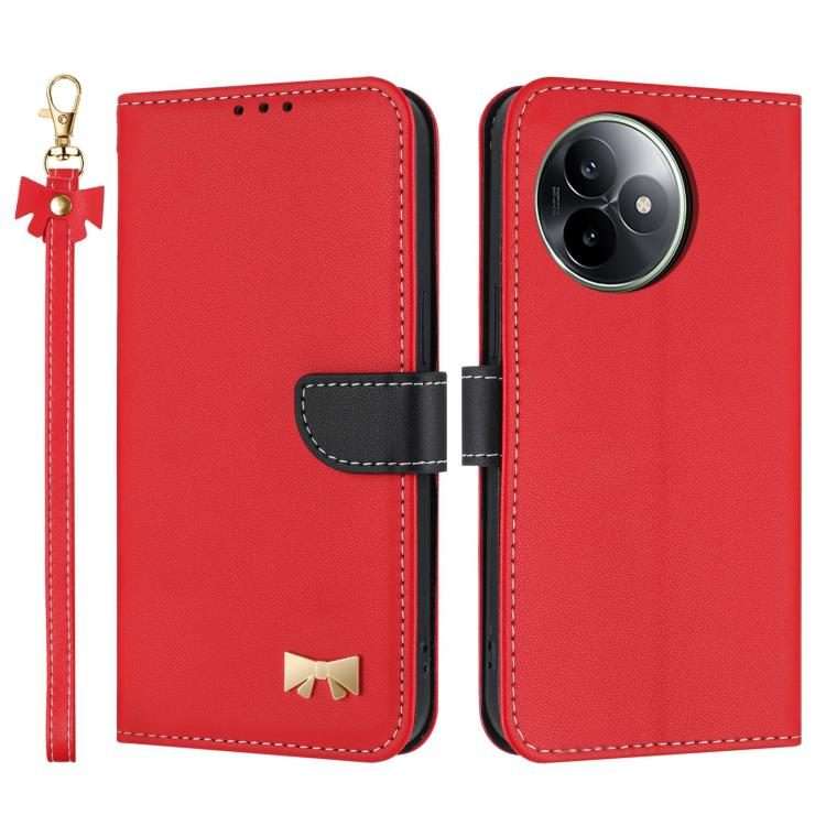 For Redmi K80 Ultra Metal Bow Leather Phone Case with Hand Strap(Red)