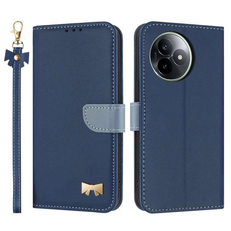 For Redmi K80 Ultra Metal Bow Leather Phone Case with Hand Strap(Dark Blue)