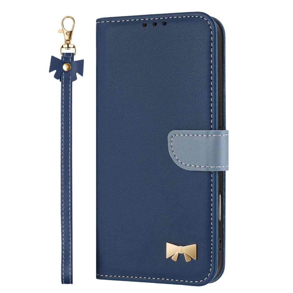For Redmi K80 Ultra Metal Bow Leather Phone Case with Hand Strap(Dark Blue)