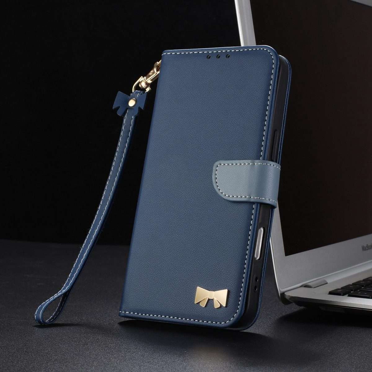 For Redmi K80 Ultra Metal Bow Leather Phone Case with Hand Strap(Dark Blue)