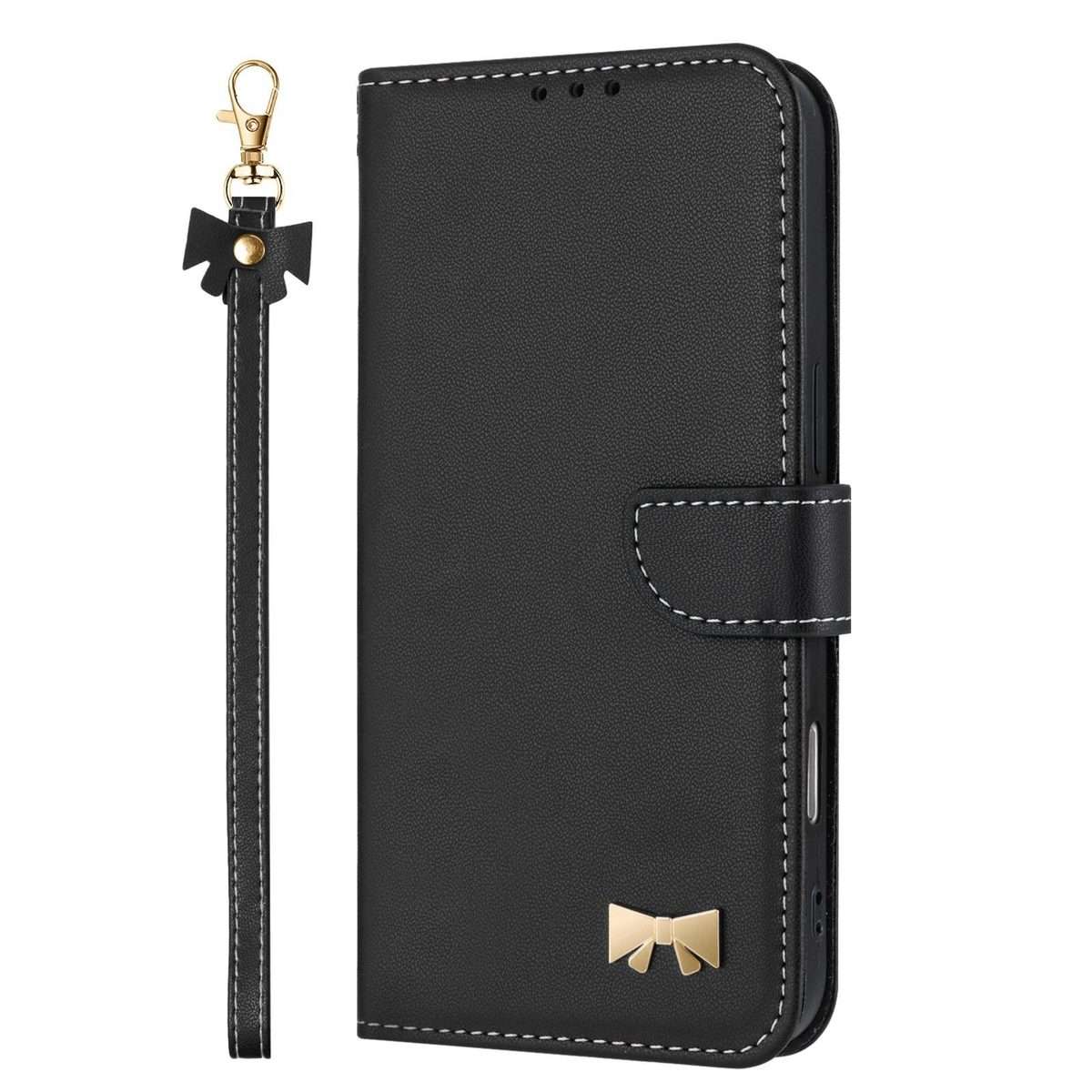 For Redmi K80 Ultra Metal Bow Leather Phone Case with Hand Strap(Black)