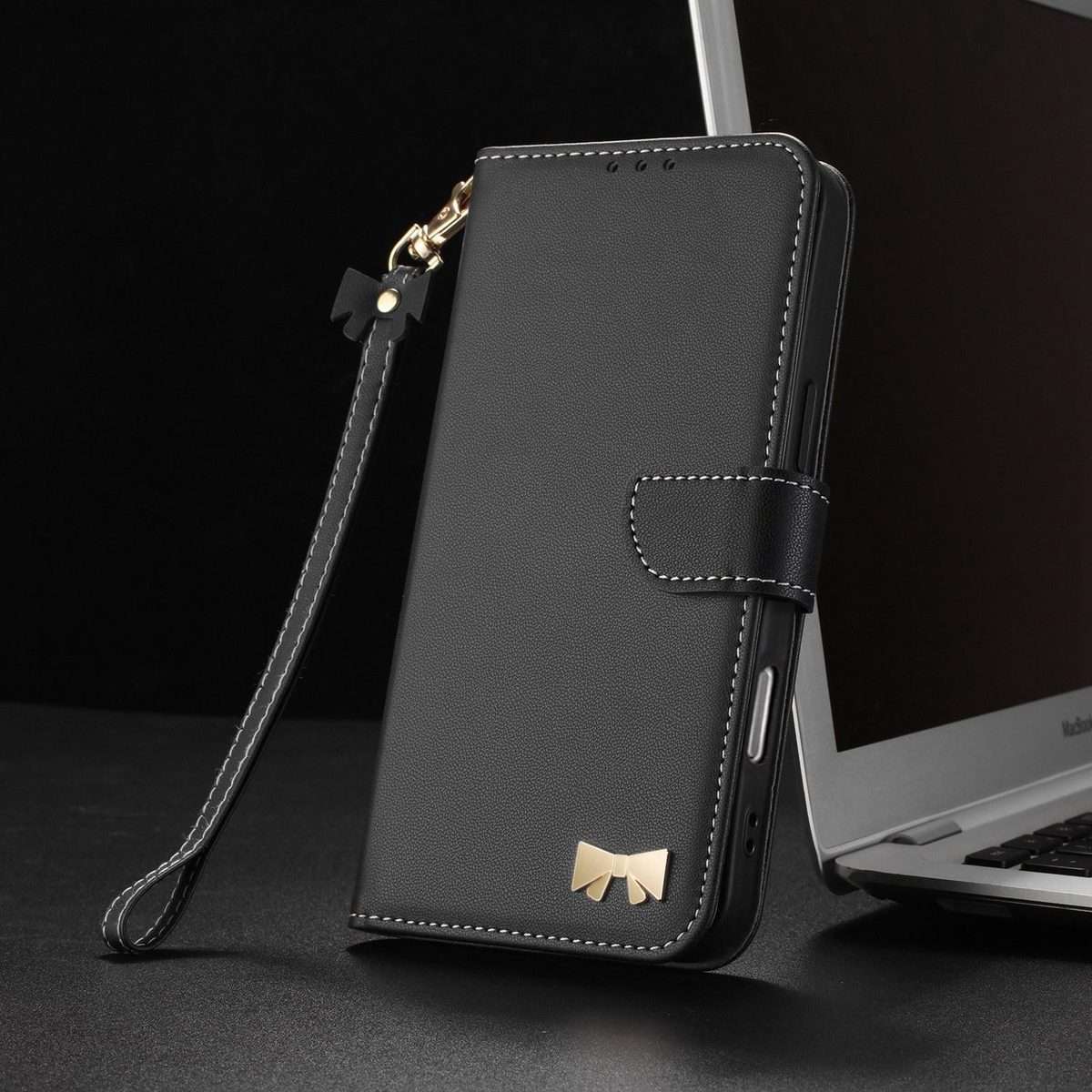 For Redmi K80 Ultra Metal Bow Leather Phone Case with Hand Strap(Black)