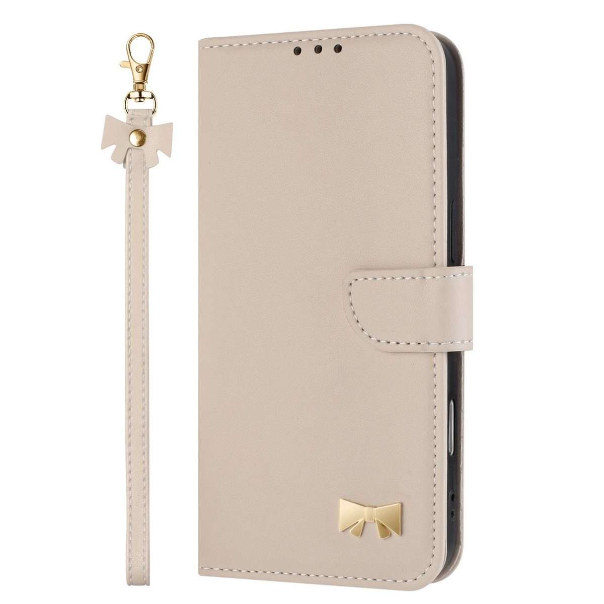 For Redmi K80 Ultra Metal Bow Leather Phone Case with Hand Strap(Apricot)