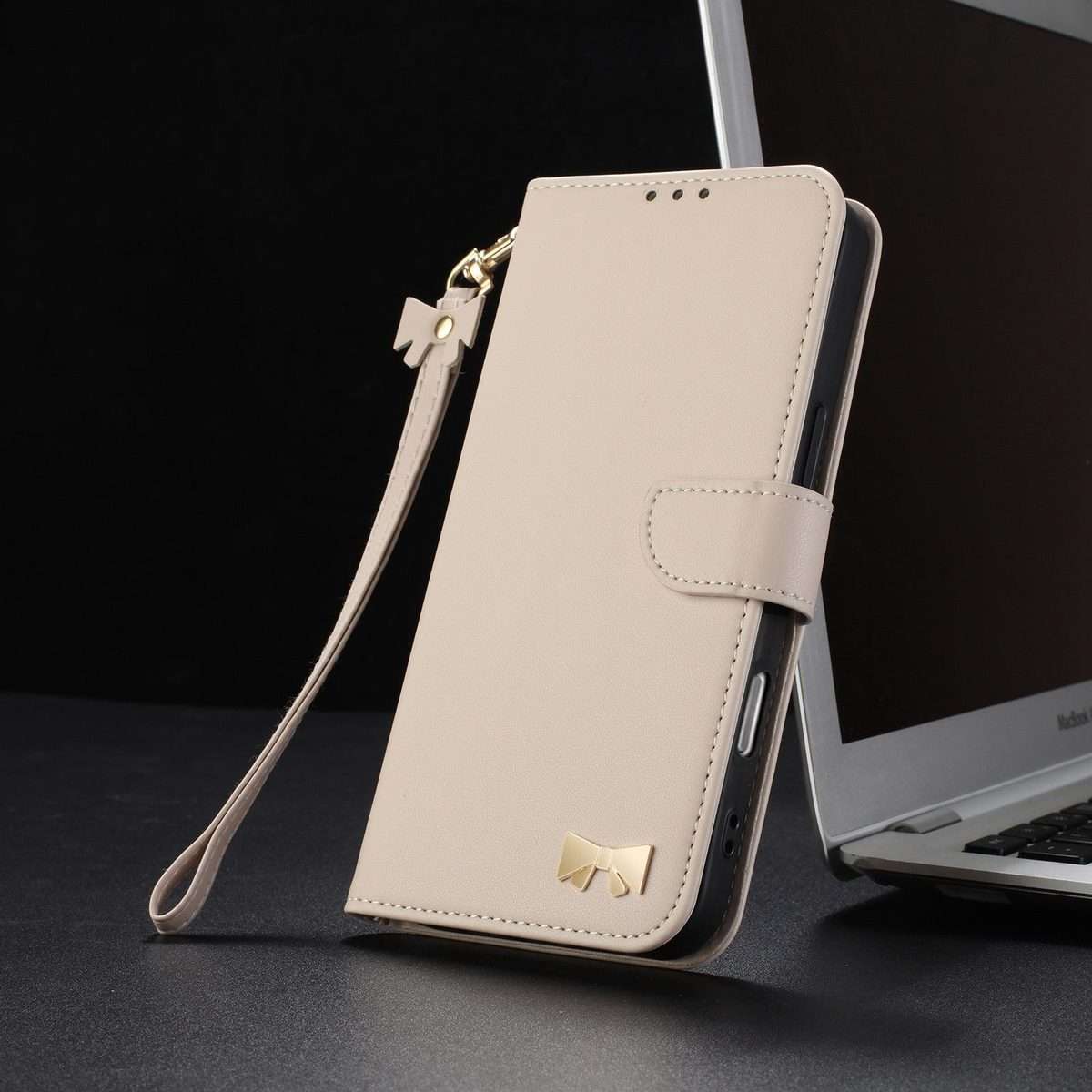 For Redmi K80 Ultra Metal Bow Leather Phone Case with Hand Strap(Apricot)