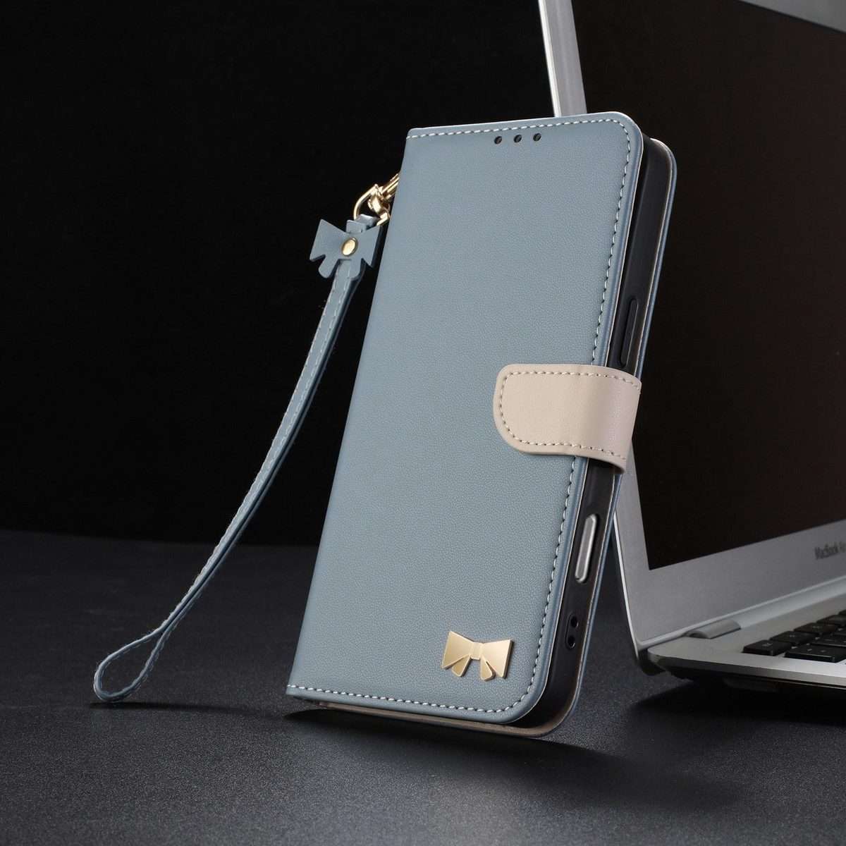 For Redmi K80 Ultra Metal Bow Leather Phone Case with Hand Strap(Light Blue)